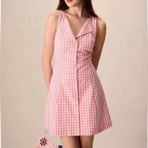 Rihoas Women's Pink V-Neck Plaid Cotton Mini Dress